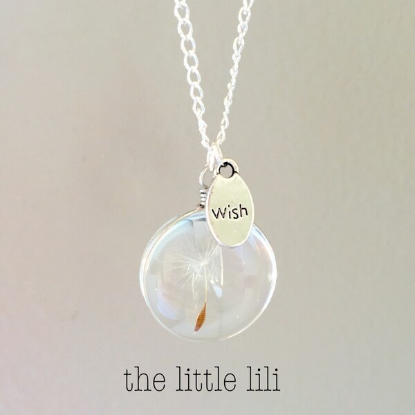 Silver Dandelion Necklace/MAKE A WISH!/Real Dandelion Dry Seeds Pendant/Glass Ball Pendant/Seeds In Glass Necklace/Dainty Necklace Under 25.