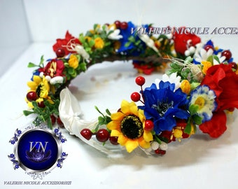 Rouge Bleu Jaune Couronne de fleurs Couronne de fleurs de mariage Bandeau de mariée Couronne de cheveux de fleurs Halo de fleurs couronne de fleurs sauvages Couronne ukrainienne