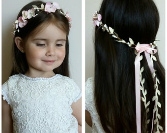 First communion headpiece,Gold White flower crown,Sequin Flower girl crown,Leaves flower crown,Baby headband,Baby Toddler flower crown