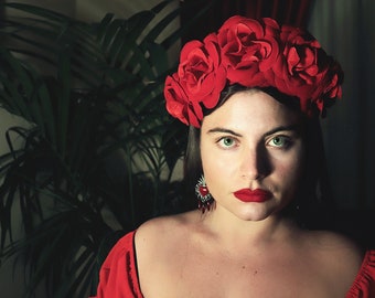 Mexican Flower Crown,Day of the Dead Red Headpiece,Day of the Dead, Flower Crown, Headband, Floral Crown