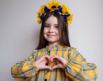 Ukrainian flower crown Blue Yellow Flower crown Sunflower headband Flower hair wreath Flower halo