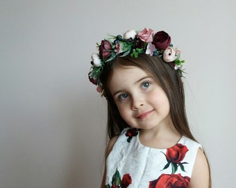 Dusty rose Blush Burgundy flower crown,Floral headband,Bridal hair wreath,Wedding flower halo,Flower girl crown,Peonies crown