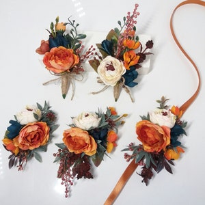 Herbsthochzeit Boutonniere, Bornt Orange Blue Boutonnieres, Herren Boutonniere, Bräutigam Groomsmen Knopfloch,