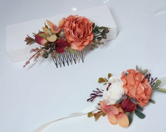 Peine de flor de marfil burdeos naranja, peine de flor de novia, boutonniere de los hombres, ojal de novios, Boutonniere rústico, boda de Boho