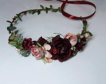 Burgundy flower crown, Maroon flower  crown,Wedding flower crown ,Bridal flower crown,Floral comb,Bridal hair accessories,Marsala crown