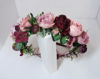 Dusty rose Blush Burgundy flower crown,Floral headband,Bridal hair wreath,Wedding flower halo,Flower girl crown,Peonies crown