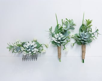 Succulent Boutonniere, Boho Boutonniere, Faux Boutonniere, Bohemian boutonniere,comb,Flower comb, Bridesmaid corsage,Succulentcomb