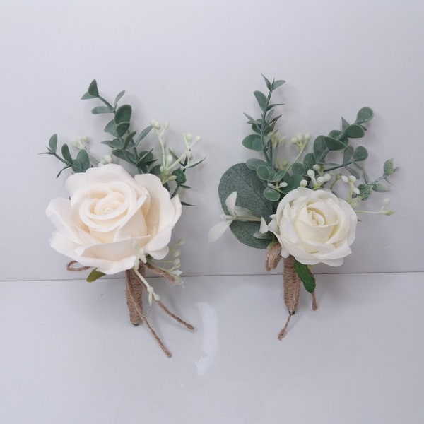 Weiße Ansteckblume Eukalyptus Ivory Ansteckblume, rustikale Ansteckblume, Ansteckblume für Männer,Trauzeugen Knopfloch Boho Hochzeit