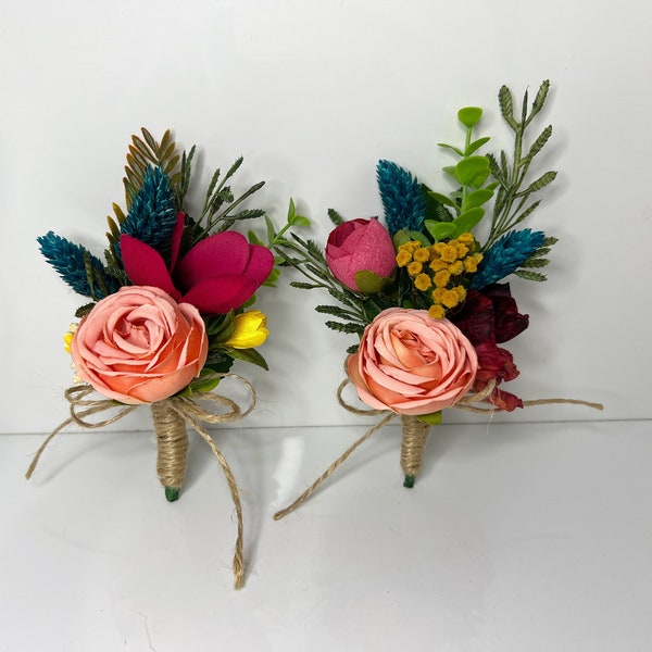 Colorful boutonniere Jewel-tone boutonnière Teal Blue Pink Yellow boutonnieres, Summer boutonniere Wildflower wedding Spring boutonniere