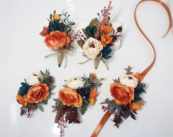 Fall wedding boutonniere, Bornt Orange Blue boutonnieres, Men&#39;s boutonniere, Groom Groomsmen buttonhole,