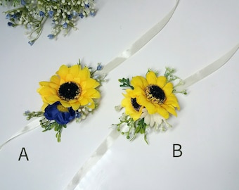 Boutonniere de corsage de tournesol , peigne bleu jaune de fleur , bandeau de mariée, couronne de cheveux de fleur, halo de fleur, couronne de fleurs sauvages, mariage rustique