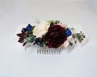 Burgundy Blue blush flower comb, Maroon Peony comb,Wedding flower comb,Bridal flower comb,Floral comb,Bridal hair accessories,Marsala Comb