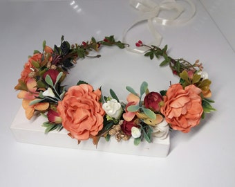 Orange flower crown , Wedding flower crown,Men's boutonniere,Groom Groomsmen buttonhole,Rustic Boutonniere,Boho wedding