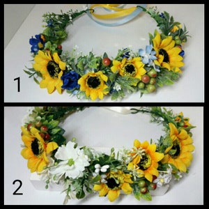 May include: Two sunflower flower crowns. The first crown has blue flowers and green berries. The second crown has white flowers and green berries.