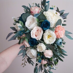 Cascading bouquet Teal Blue Peach White rose peony bouquet Bridal bouquet Faux bouquet Fall wedding Boho wedding bouquet Wedding Bouquet