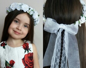 Première couronne de communion, fleur blanche couronne, couronne de fleurs blanche, couronne de fleurs de mariage, fille de fleur couronne, couronne de fleurs enfant en bas âge