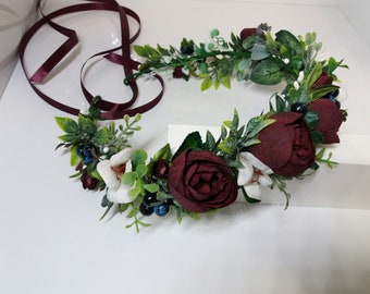 Burgundy Flower crown,Maroon flower crown,Floral crown,Wedding flower crown,Flower girl crown,Bridal flower crown,Bridesmaid crown