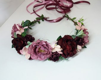 Couronne de fleurs mauve de Bourgogne,Couronne florale,Couronne de fleurs de mariage,Couronne de fille de fleurs,Couronne de fleurs de mariée,Couronne de fleurs poussiéreuses,Couronne de maternité