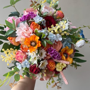 Wildflower Bridal Bouquet ,Jewel tone  Wedding bouquet,Spring Bridesmaid bouquets Pink orange blue Bouquet, Colorful bouquets