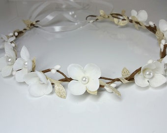 Couronne de fille de fleur, couronne blanche d'or de fleur, couronne de fille de fleur de Sequin, couronne de fleur de feuilles, bandeau de chéri, couronne de fleur d'enfant en bas âge de chéri