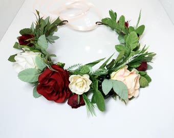 Burgundy Flower crown,Roses Maroon crown,Floral crown,Wedding flower crown,Flower girl crown,Bridal flower crown,Bridesmaid flower crown