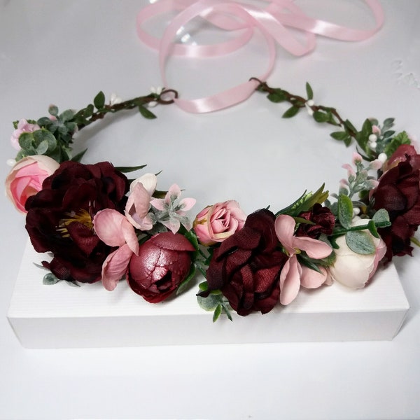 Burgundy Blush flower crown,Floral headband,Bridal hair wreath,Wedding flower halo,Flower girl crown,Peonies crown