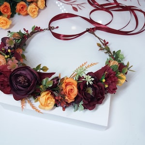 Orange burgundy Flower crown , Bouquet Fall wedding bouquet  ,Wedding fall flower crown ,Autumn Floral crown,Bridal hair accessories