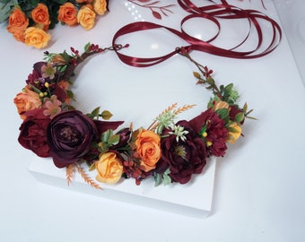 Orange burgundy Flower crown , Bouquet Fall wedding bouquet  ,Wedding fall flower crown ,Autumn Floral crown,Bridal hair accessories