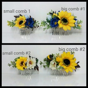 May include: Two sets of hair combs decorated with artificial flowers. One set features a large sunflower and blue flowers, while the other set features a sunflower and white flowers. Both sets are labeled with the text "small comb" and "big comb".