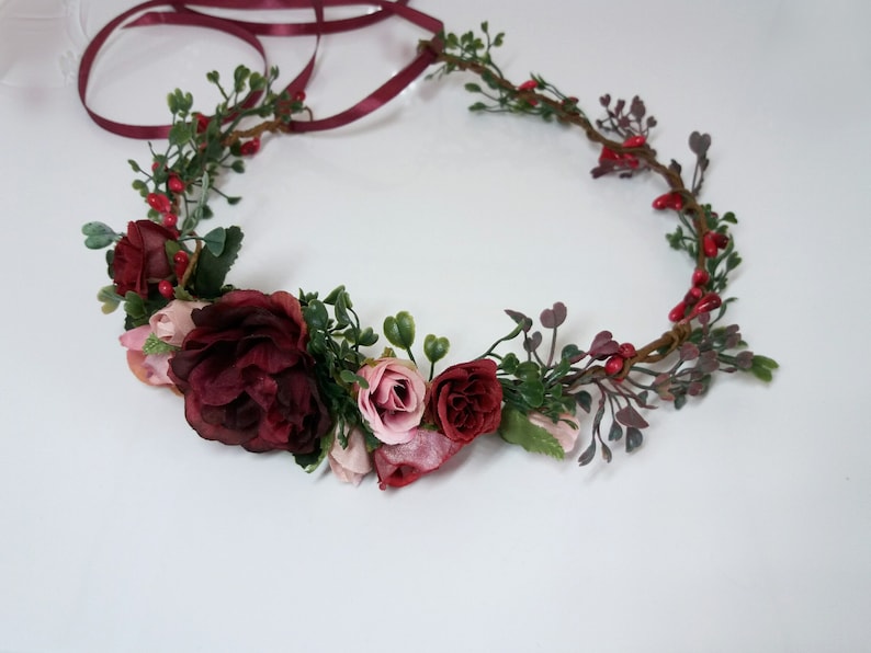 Burgundy Blush Pink Flower crown,Maroon flower crown,Boho Floral crown,Wedding flower crown,Flower girl crown,Bridesmaid crown