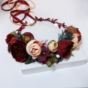 Orange burgundy Flower crown , Fall wedding  ,Wedding fall flower crown ,Autumn Floral crown,Bridal hair accessories