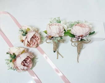Blush Ivory Peony Boutonniere: Rustic Groomsmen Wedding Buttonhole
