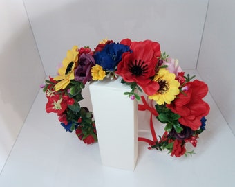 Rainbow flower crown, Red Blue Yellow Flower crown ,Bridal headband ,Flower hair wreath Flower halo Wildflowers crown Ukrainian wreath