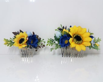 Peine de girasol, peine de flor azul amarillo, diadema nupcial, corona de pelo de flor, halo de flores, corona de flores salvajes, boda rústica