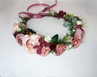 Couronne rose de fleur de Blush, bandeau florale, couronne de cheveux de mariée, halo de fleur de mariage, couronne de fille de fleur, couronne de pivoines