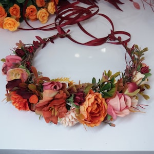 Orange Flower crown , Fall wedding  ,Wedding fall flower crown ,Autumn Floral crown,Bridal hair accessories