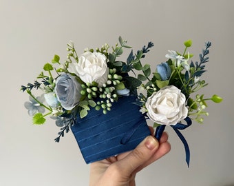 Dusty Blue Ivory Pocket Boutonnière, ramo de novia, ramos de dama de honor Boho Wedding Boho Bouquet, ramo azul