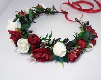 Marron Ivoire fleur couronne, couronne de fleurs Bordeaux, Couronne florale, couronne de fleurs de mariage, couronne de fille de fleur, couronne de fleur mariée, couronne de demoiselle d’honneur