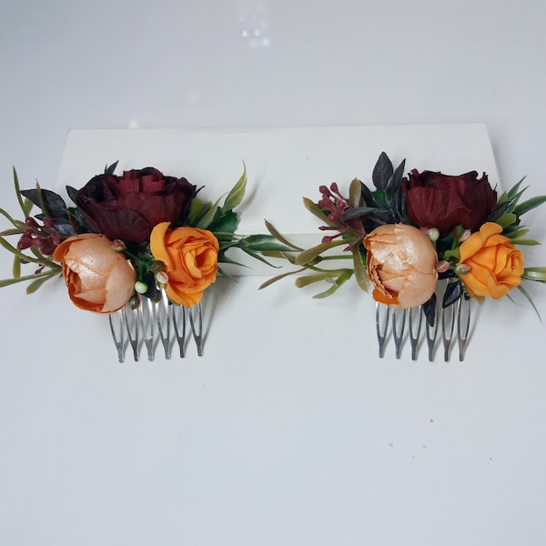 Orange burgundy Flower comb , Fall wedding bouquet  ,Wedding fall flower crown ,Autumn Floral crown,Bridal hair accessories