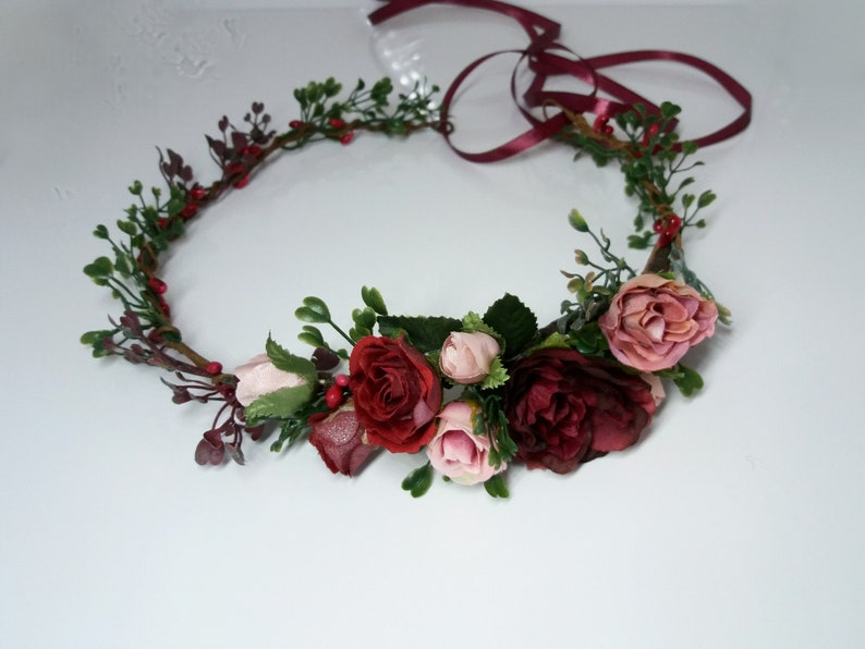 Burgundy Blush Pink Flower crown,Maroon flower crown,Boho Floral crown,Wedding flower crown,Flower girl crown,Bridesmaid crown