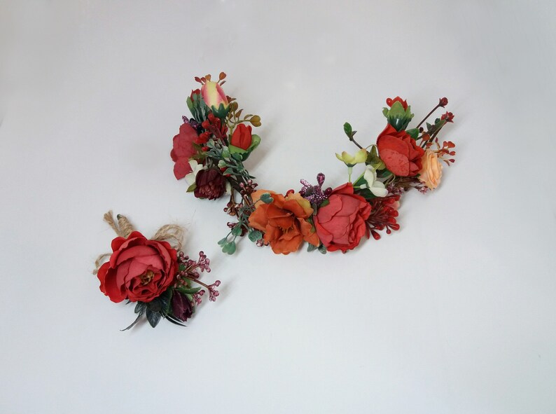 Hot Orange Flower comb,Wedding flower vine,Bridal flower comb,Floral vine,Orange Burgundy flower comb,Bridal hair accessories,Floral comb