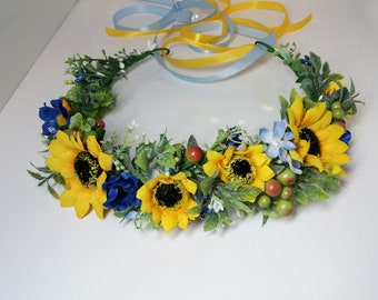 Sunflower crown, Yellow Flower crown ,Bridal headband ,Flower hair wreath,Flower halo,Wildflowers crown ,Ukrainian wreath
