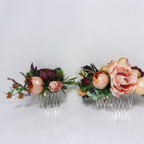 Orange Burgundy flower comb, Orange comb,Wedding flower comb,Bridal flower comb,Floral comb,Bridal hair accessories,Marsala Bridal Comb