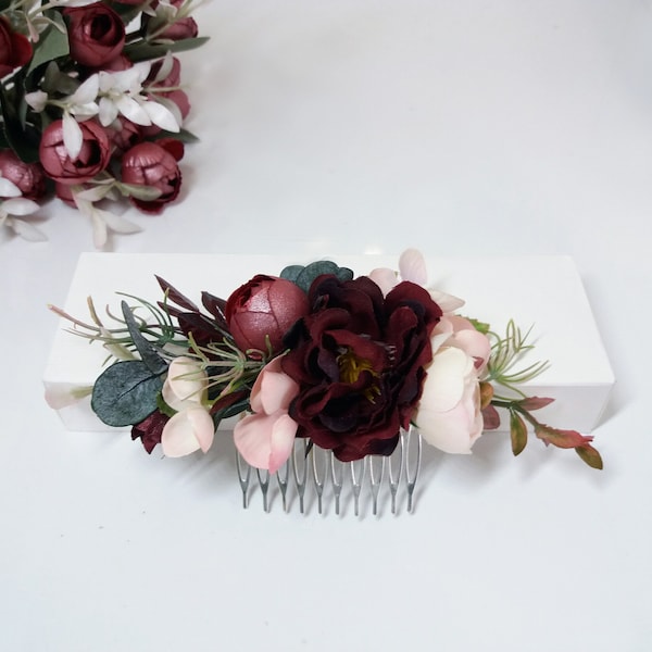 Burgundy blush flower comb, Maroon Peony comb,Wedding flower comb,Bridal flower comb,Floral comb,Bridal hair accessories,Marsala Bridal Comb