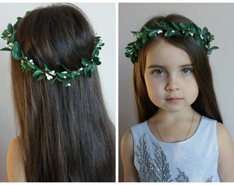 Couronne de cheveux de verdure, couronne de fille de fleur. Couronne de fleur d'eucalyptus, accessoires floraux blancs, , couronne de fleur de chéri,