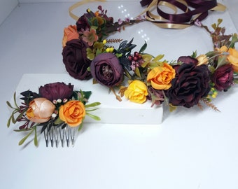 Orange Deep Purple Flower couronne , couronne florale bordeaux, couronne de fleur de mariage, couronne florale d’automne, accessoires de cheveux de mariée