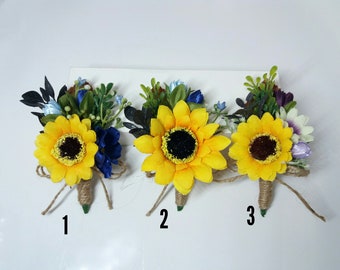 Boutonnière de tournesol, peigne bleu jaune de fleur, bandeau de mariée, couronne de cheveux de fleur, halo de fleur, couronne de fleurs sauvages, mariage rustique