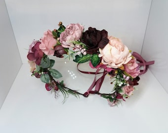 Dusty rose Blush Burgundy flower crown,Floral headband,Bridal hair wreath,Wedding flower halo,Flower girl crown,Peonies crown