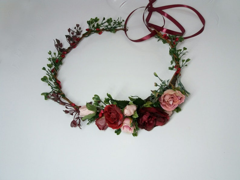 Burgundy Blush Pink Flower crown,Maroon flower crown,Boho Floral crown,Wedding flower crown,Flower girl crown,Bridesmaid crown