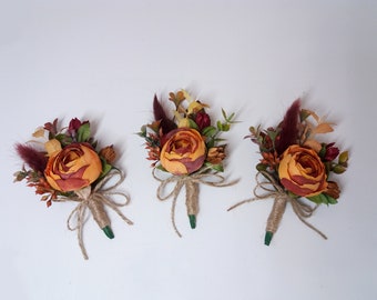 Fall wedding boutonniere, Bornt Orange boutonnieres, Men's boutonniere, Groom Groomsmen buttonhole,